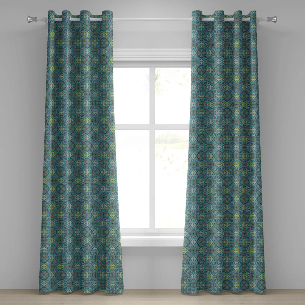 ABAKUHAUS Tenda asiatica con occhielli, motivi artistici mistici con numeri rotondi e ornamenti astratti, tenda decorativa a 2 pannelli, 280 cm x 225 cm, giallo verde turchese