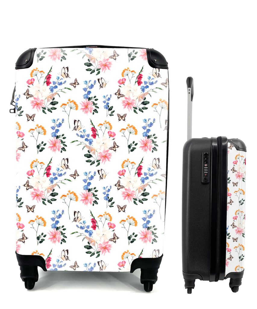 MuchoWow Koffer Handgepäck Trolley Rollkoffer Kleine Reisekoffer mit 4 Rollen - Blumen - Schmetterling - Pastell - Cabin Size < 55x40x23 cm & 55...
