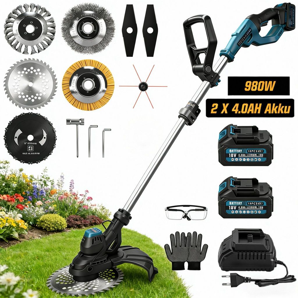 980W Akku Rasentrimmer Bürstenloser 7 IN 1 mit 2×4.0Ah Akku Produktbild 