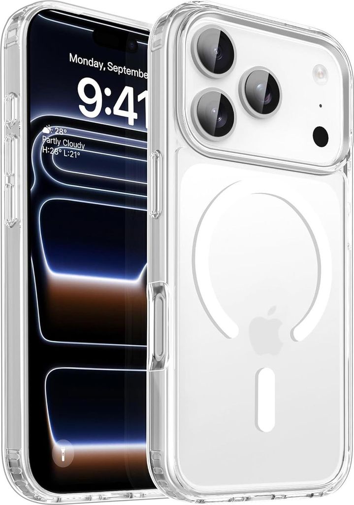 A clear protective case for an iPhone is shown, with the phone partially visible inside.