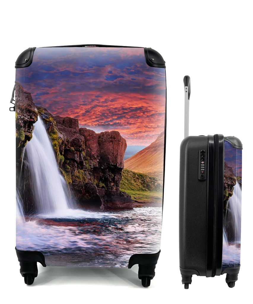 MuchoWow Koffer Handgepäck Trolley Rollkoffer Kleine Reisekoffer mit 4 Rollen - Wasserfall - Berg - Wolken - Rosa - Landschaft - Cabin Size < 55...