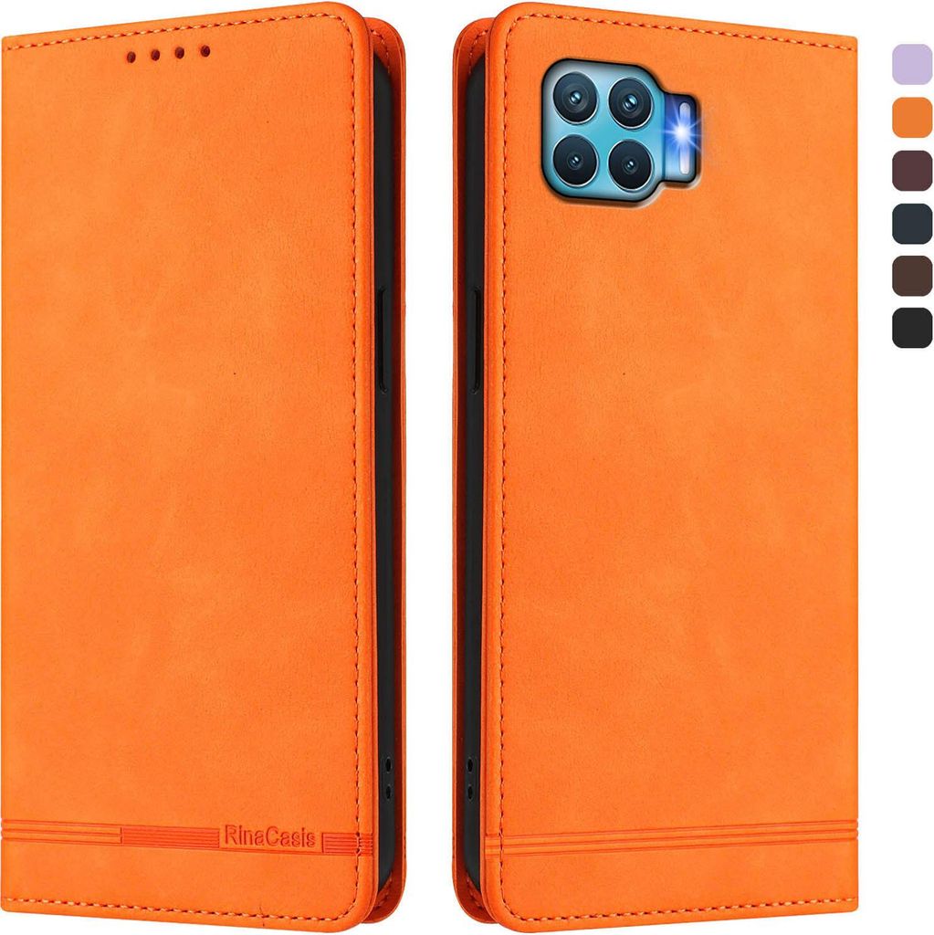 Hülle für Oppo F17 Pro, Retro Kunstleder Ständer Klapphülle mit Kartenfächer und Magnetische Orange