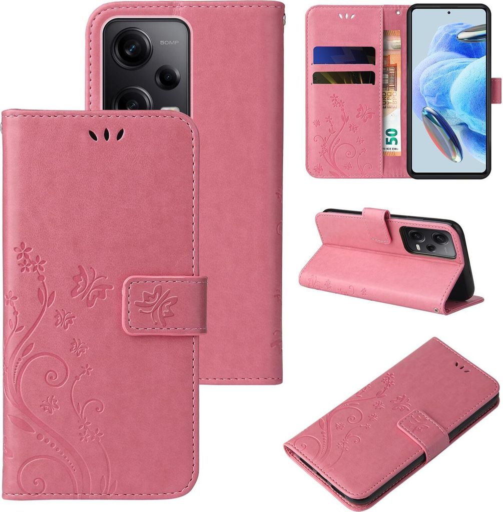 Handyhülle für Xiaomi Redmi Note 12 Pro 5G Floral Blumen Schmetterling Flip Cover Hülle Case Klapphülle Handytasche Farbe: Rosegold