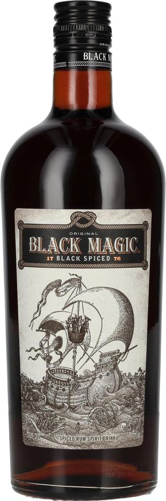 A bottle of Black Magic Black Spiced rum.