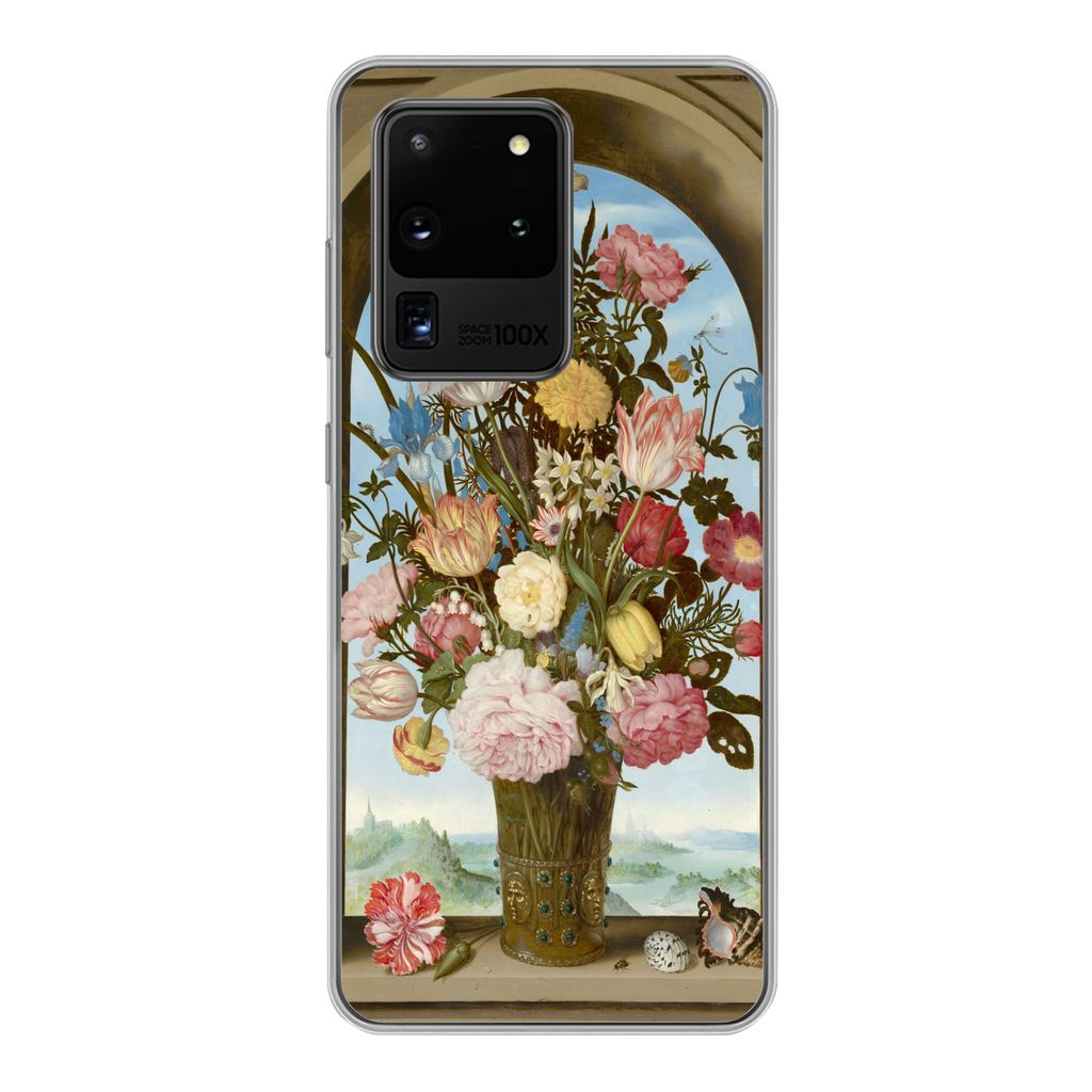MuchoWow Handyhülle Schutzhülle Hülle für Samsung Galaxy S20 Ultra Vase mit Blumen in einem Fenster - Gemälde von Ambrosius Bosschaert dem ...