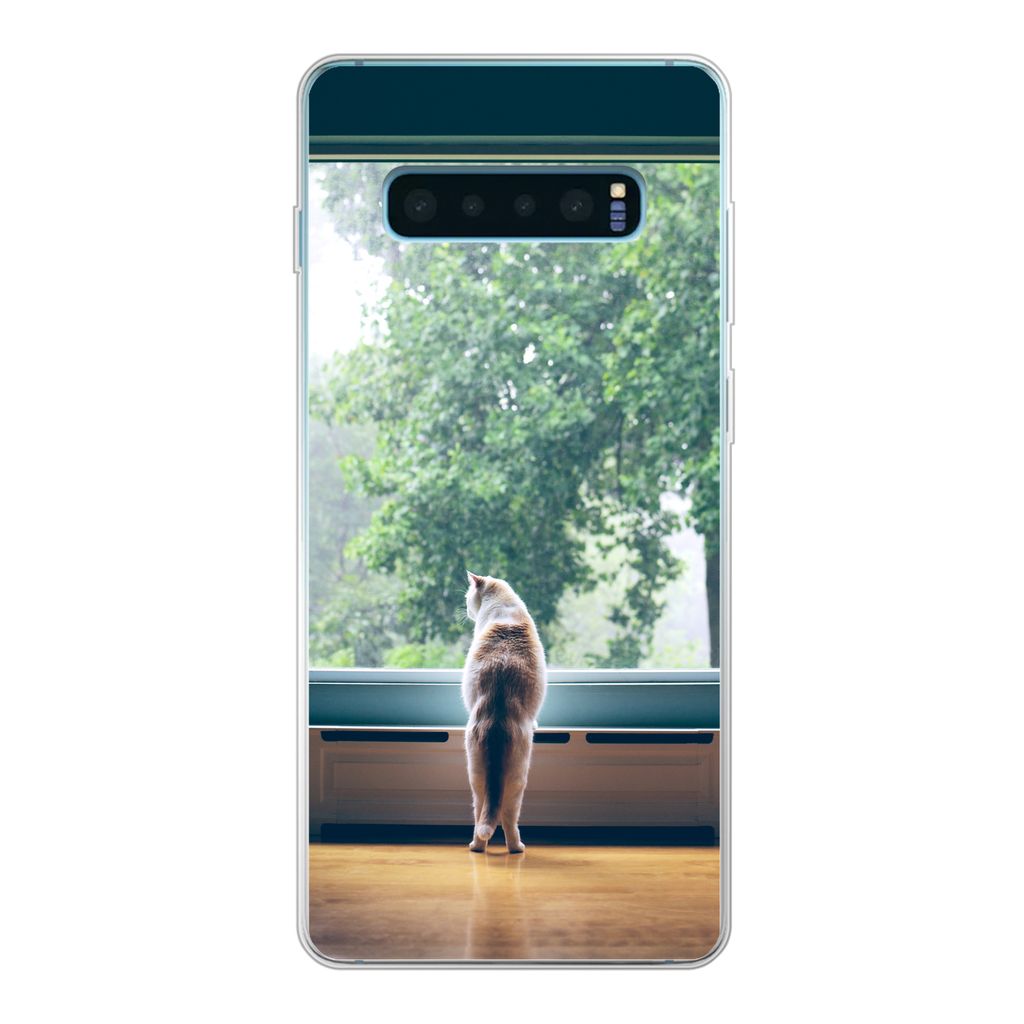 MuchoWow Handyhülle Schutzhülle Hülle für Samsung Galaxy S10 Plus Katze - Fenster - Pflanzen Silikon Softcase Handy Hülle - Schutzhülle