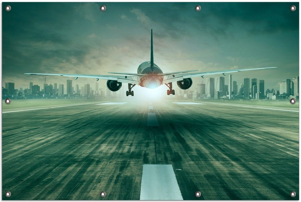 Wallario Outdoor-Poster für Garten oder Balkon, Motiv Startendes Flugzeug - Landebahn, in ca. 100 x 150 cm