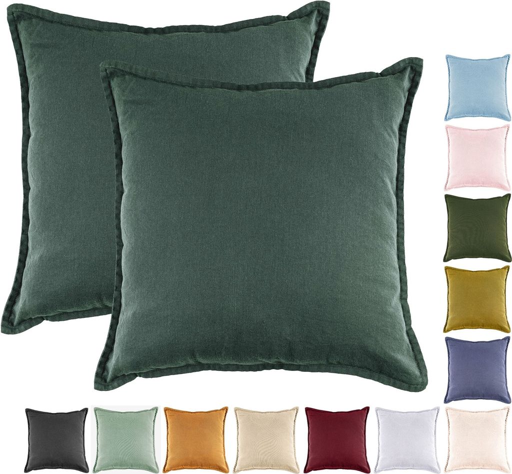 JACK by Mistral 2er Set 45x45cm Kissenhülle Kissenbezug Baumwolle Reißverschluss Leinenoptik , Farbe:Dunkelgrün