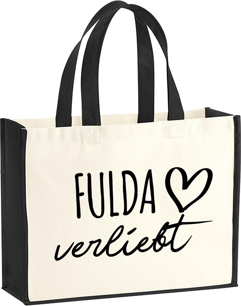 Huuraa Jutetasche Fulda verliebt 21 Liter Black Jute und Baumwolle Einkaufstasche Geschenkidee