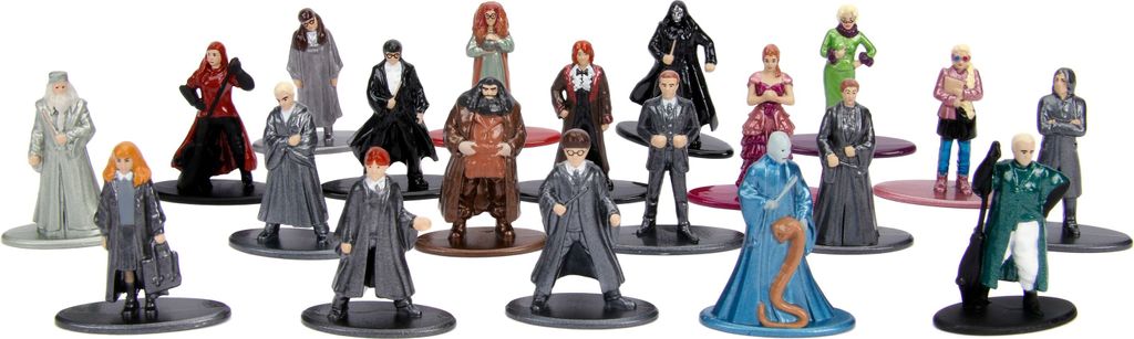 A collection of Harry Potter character figurines arranged on a white background.