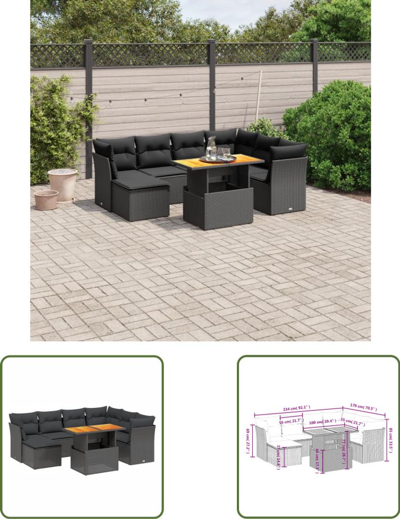 The Living Store 8-tlg. Garten-Sofagarnitur mit Kissen Schwarz Poly Rattan
