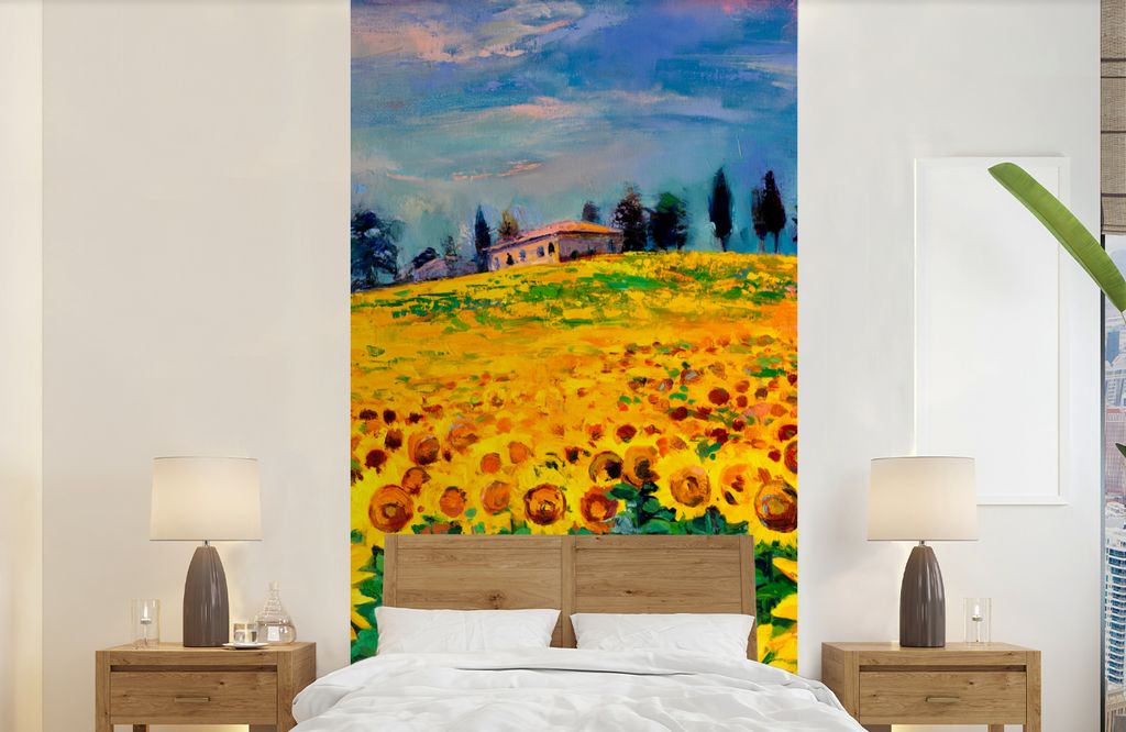 MuchoWow Fototapete für Wohnzimmer oder Schlafzimmer Wandtapete Vinyl Motivtapete Ölfarbe - Gemälde - Blumen - Sonnenblume - 120x240 cm - Hint...