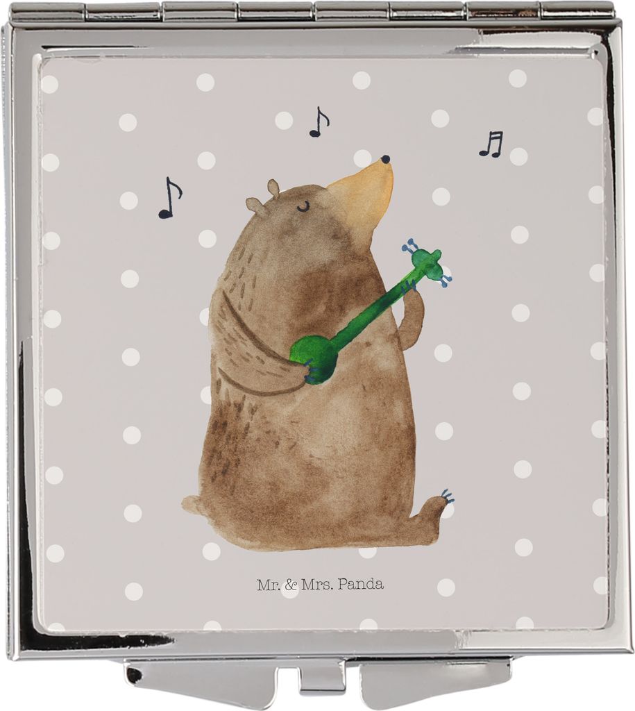 Mr. & Mrs. Panda Kosmetikspiegel Bär Lied - Grau Pastell - Geschenk, Liebe, Herz, Handspiegel, Mini Spiegel, Teddy, Frauen, Schminkspiegel, Song, ...