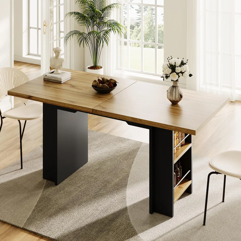 Table de cuisine avec étagères, table extensible bois 120x80 cm