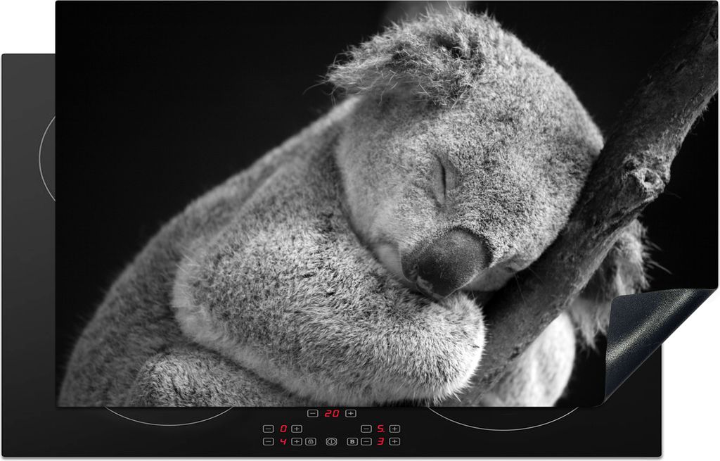 KitchenYeah Herdabdeckplatte Schlafender Koala auf schwarzem Hintergrund , 83x51cm, Küche Deko, Glaskeramikfeld Herdabdeckung, Abdeckplatte fùr...