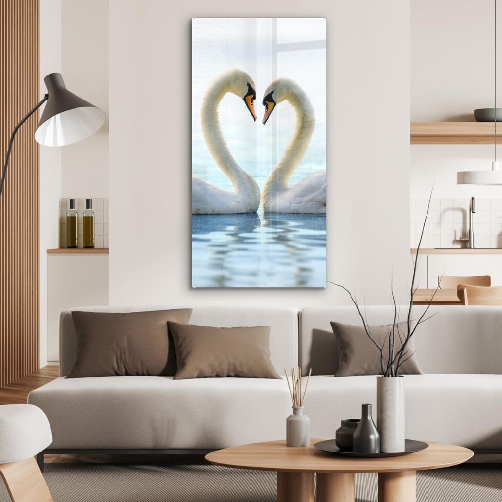 MuchoWow Glasbilder - Bilder auf Wandbild - Foto auf Glas Schwäne - Herz - Ehepaar 60x120 cm Wanddekoration aus Glas - Acrylglasbild - Acrylbilder...