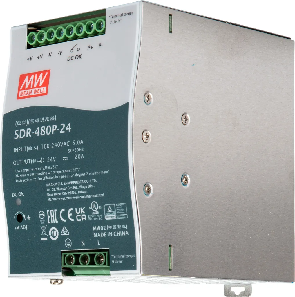 Alimentation Rail DIN MEAN WELL SDR-480P-24 de 480W haute efficacité