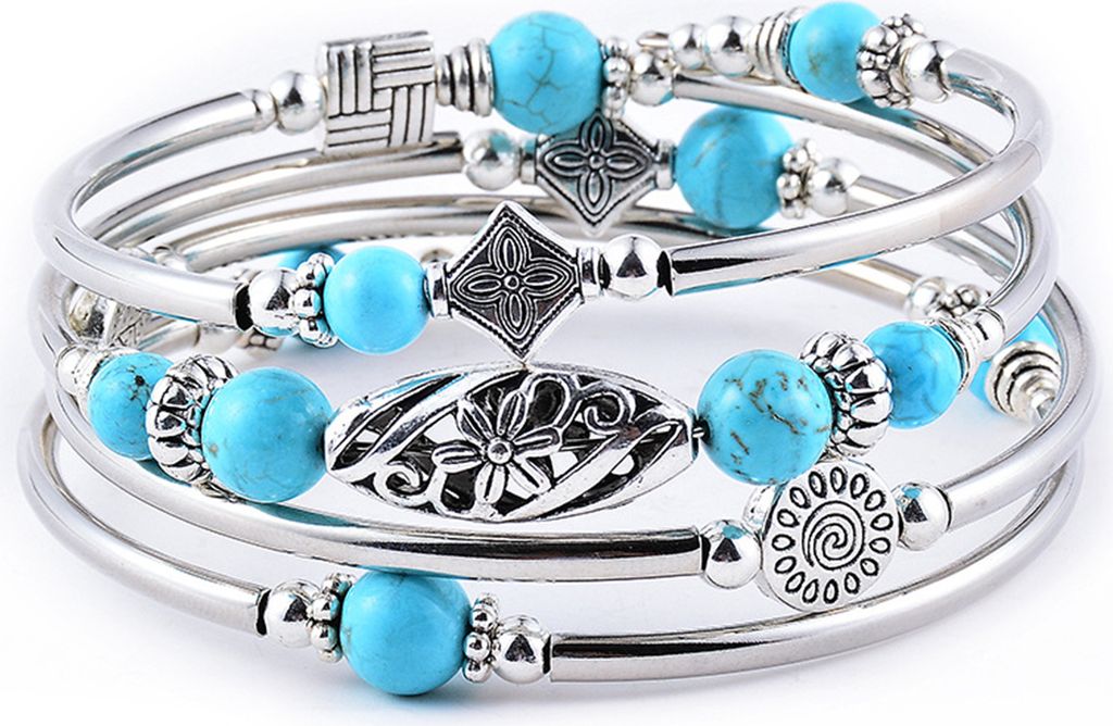 Frauen Armreif Natursteine Ethnisch Mehrschichtig Retro Blau Türkis Perlen Wickelarmband Schmuck Zubehör-A