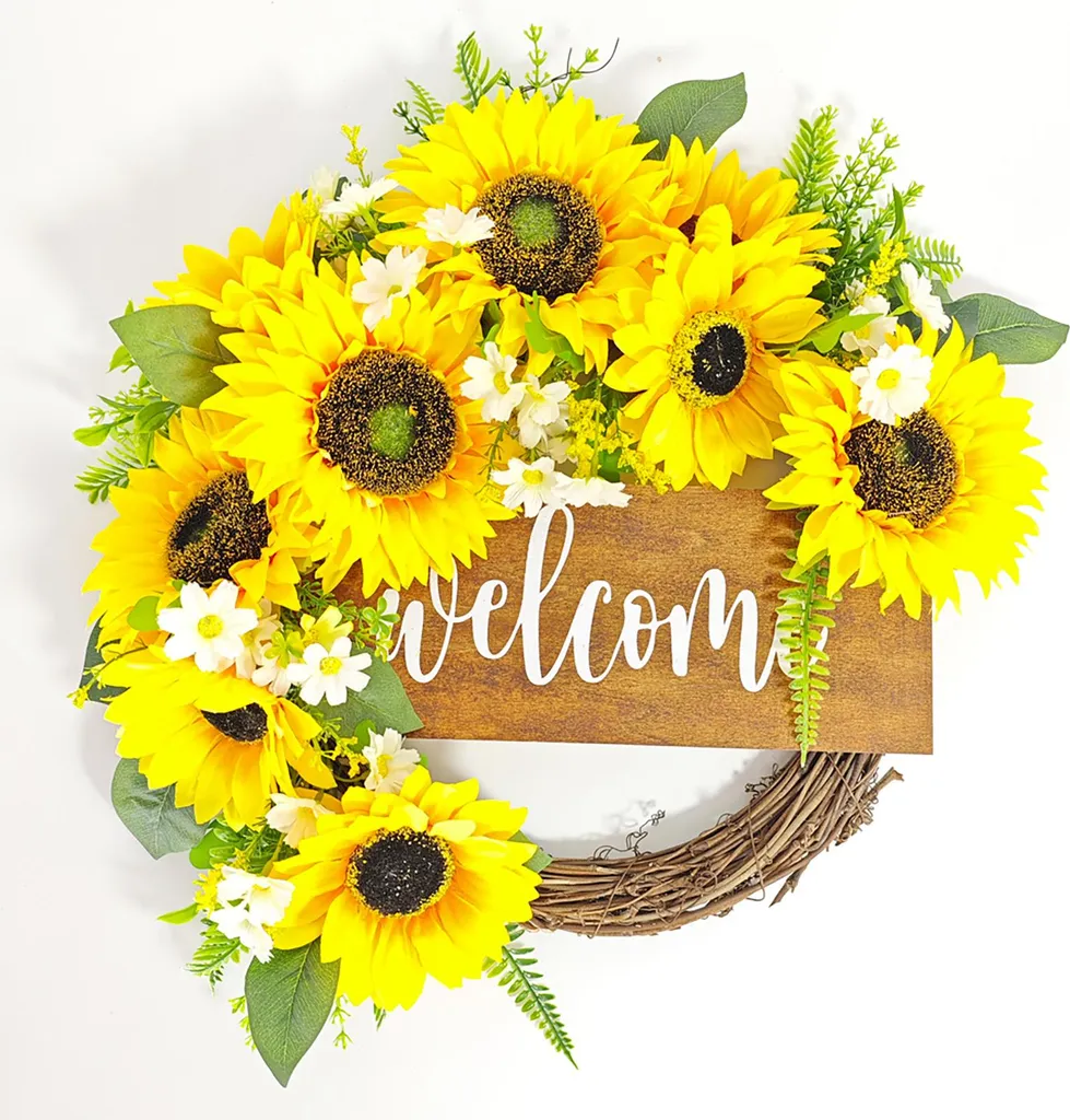 Couronne de fleurs artificielles tournesols - Décoration porte 45x40cm