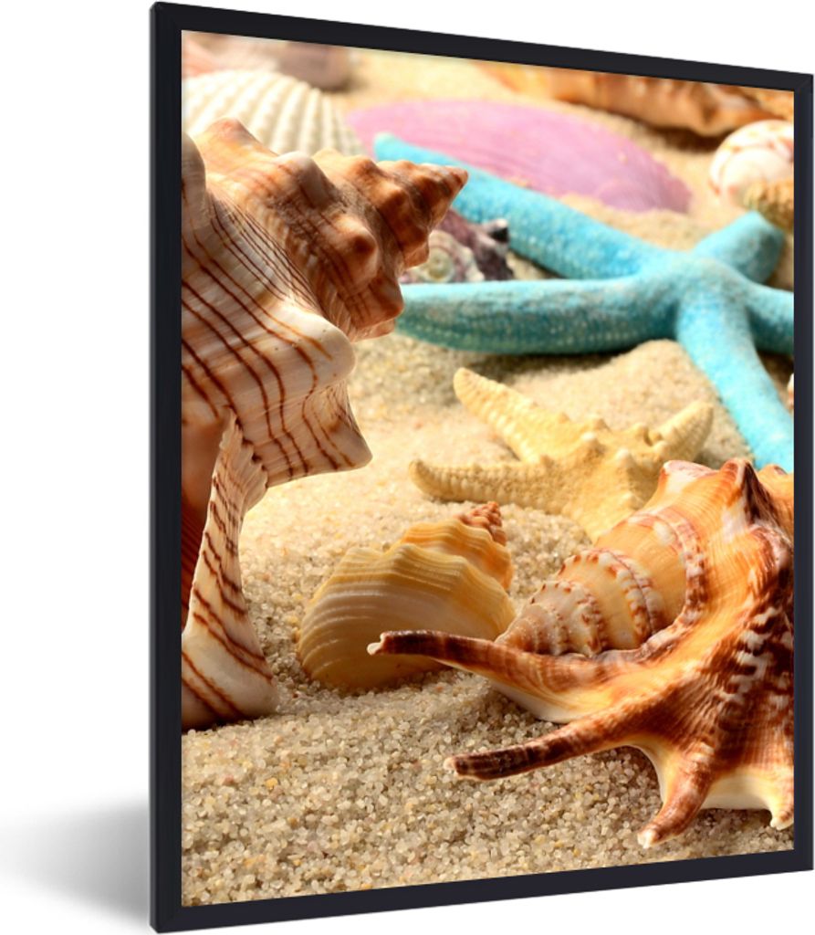 MuchoWow Gerahmtes Poster Seesterne - Muscheln - Sand - Strand 30x40 cm - Poster mit Schwarzem Bilderrahmen Wandposter Rahmen Foto Bilder - Wandd...