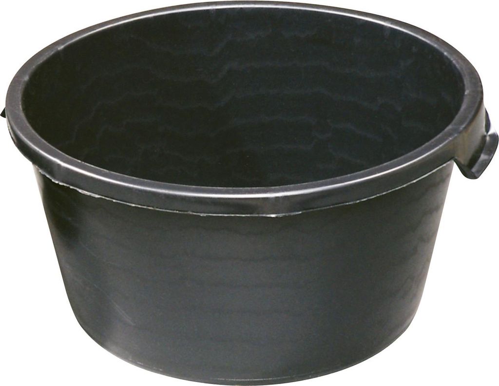A black plastic bucket on a white background.