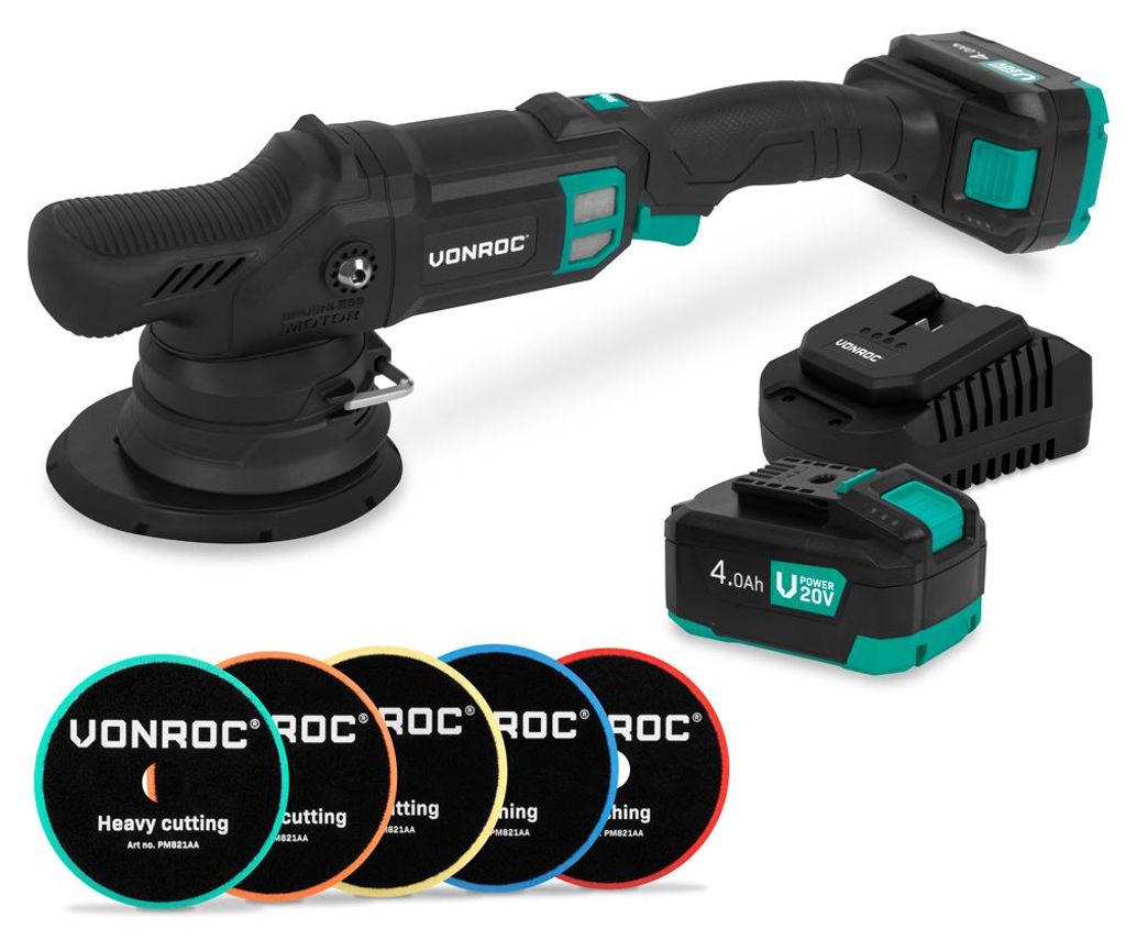 Dual action polisher 20V 150mm - With 2x4Ah battery, charger and 5 beveled edge pad