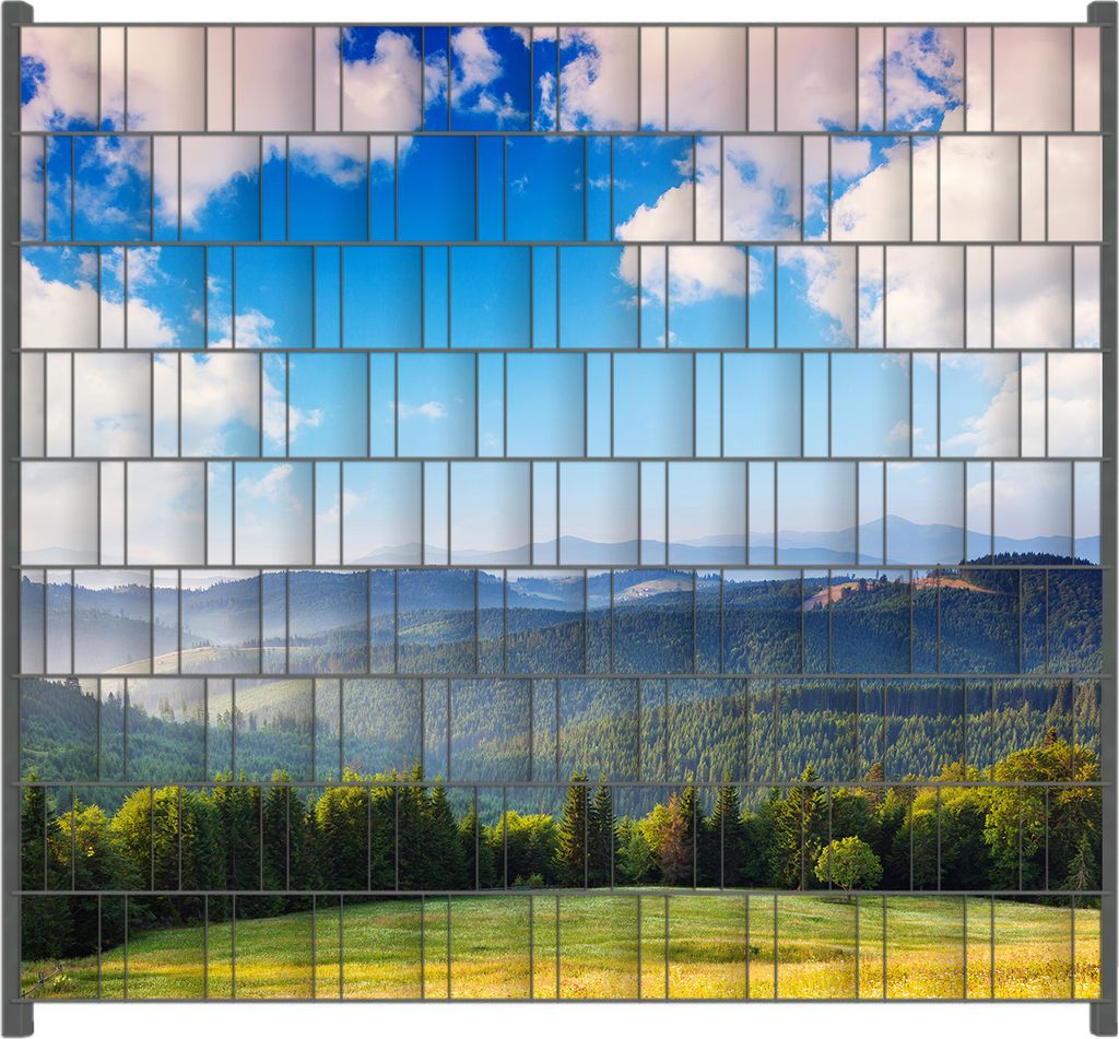 Wallario Zaunsichtschutz mit Motiv Berglandschaft im Gebirge unter blauem Himmel für Ein- und Doppelstabmatten Zäune in der Größe 200 x 180 cm