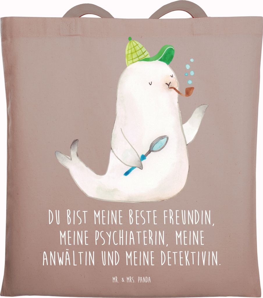 Mr. & Mrs. Panda Tote Bag Robbe Sherlock - Braun Pastell - Geschenk, festivaltasche, Schultasche, Unitasche, Tasche, Uni, Lustige Sprüche