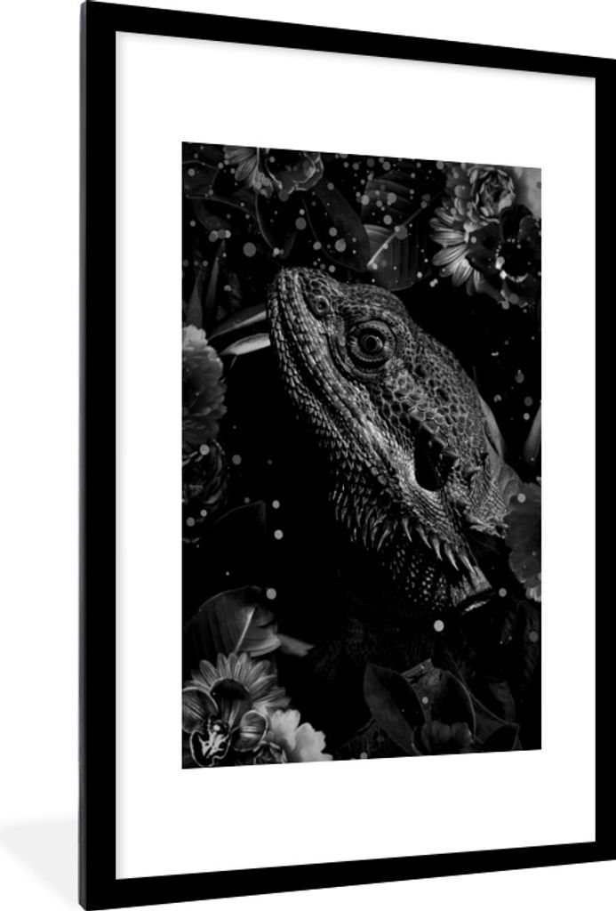 MuchoWow Gerahmtes Poster Botanisches Reptil mit Kugeln vor schwarzem Hintergrund - schwarz und weiß 60x90 cm - Poster mit Schwarzem Bilderrahme...