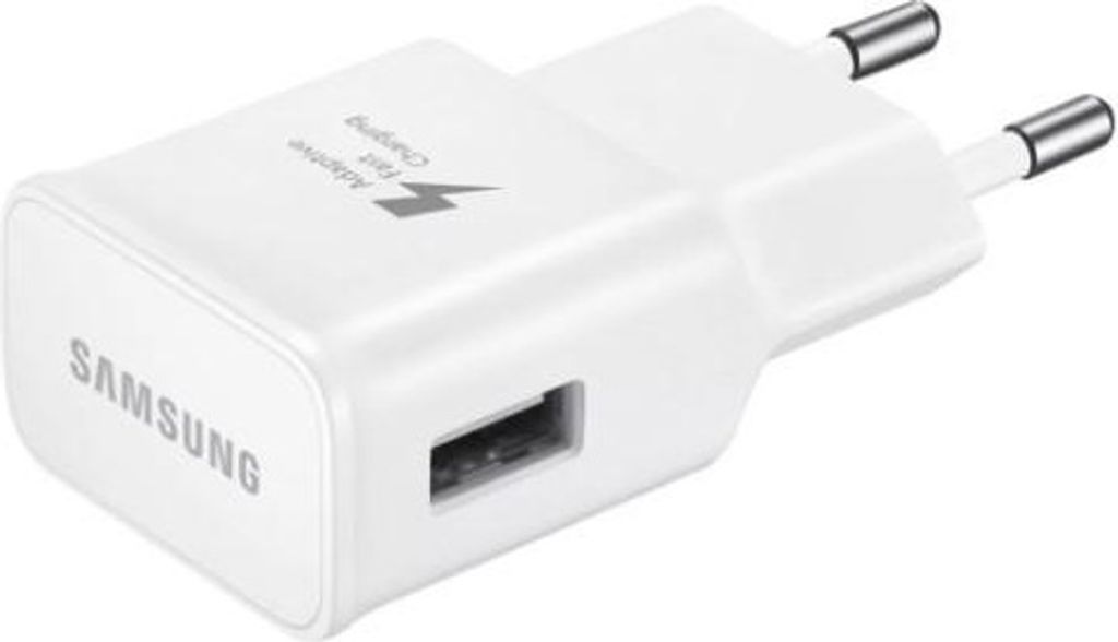 A white Samsung fast charging USB-A adapter is shown from a slightly elevated side angle against a white background.