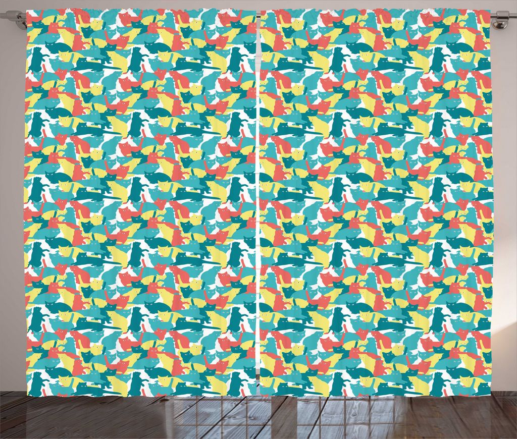 ABAKUHAUS Katze Rustikaler Vorhang, Energetische Kitten, Wohnzimmer Universalband Gardinen mit Schlaufen und Haken, 280 x 245 cm, Mehrfarbig