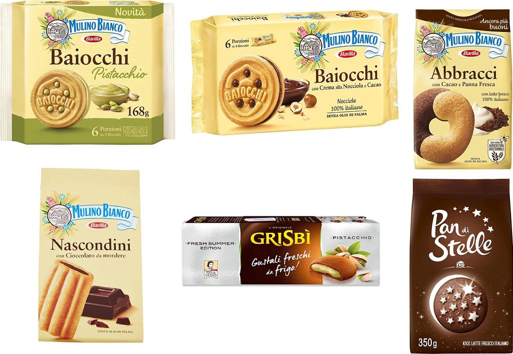 5x Mulino Bianco Kekse testpaket Nascondini Baiocchi Pistacchio Pan di stelle + Matilde Vicenzi Grisbi Pistacchio 150g