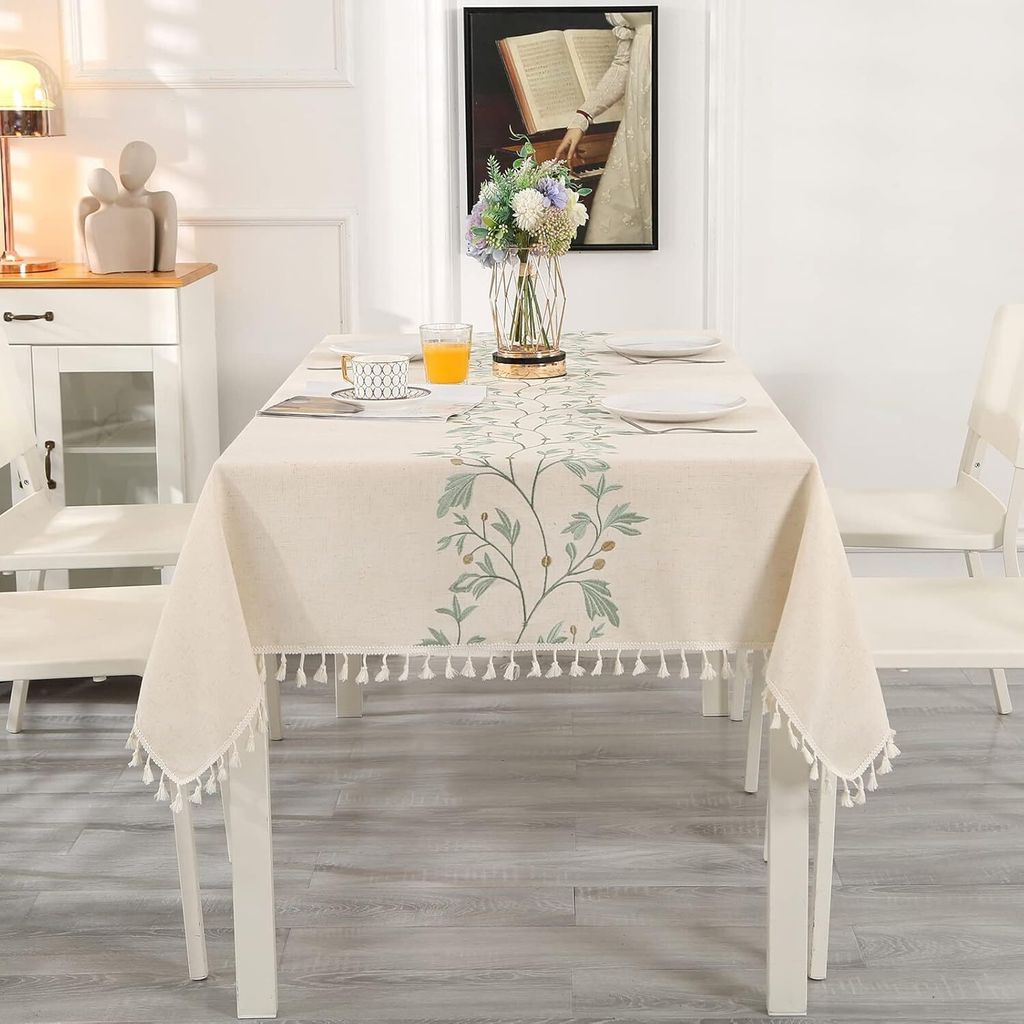 SUCHDECO Tischdecke Beige mit Grün Sticken Blätter & Quaste Tischtuch Abwaschbar Küchentischdecke Rechteckig für Geburtstag Party Hochzeit, Tis...