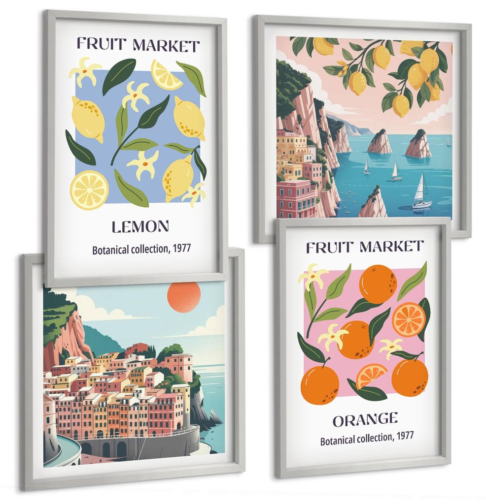 Bilder Set 4-teilig im silbergerahmten Rahmen – Wandbilder 4 Stück – gerahmte Poster für Wohnzimmer, Schlafzimmer und Flur – 50x50 cm - 40x...