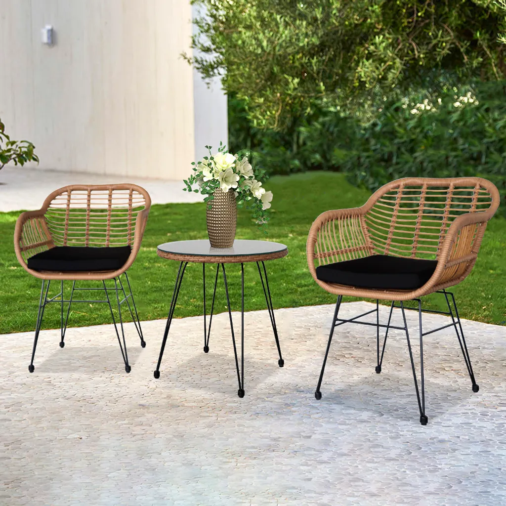 FCH Set de Balcon 3 Pièces : 2 Fauteuils Lounge et Table d'Appoint Rotin