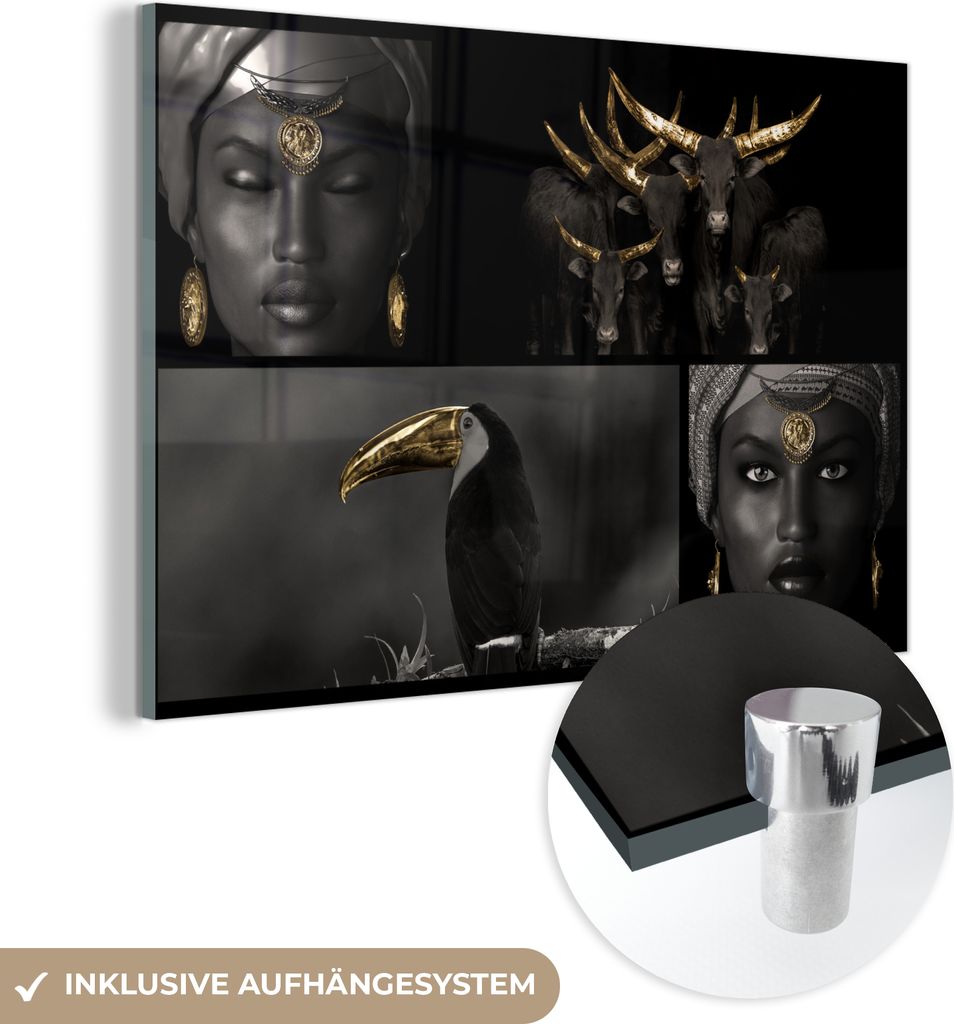 MuchoWow Glasbilder - Bilder auf Wandbild - Foto auf Glas Collage - Tiere - Frauen - Gold 120x80 cm Wanddekoration aus Glas - Acrylglasbild - Acryl...