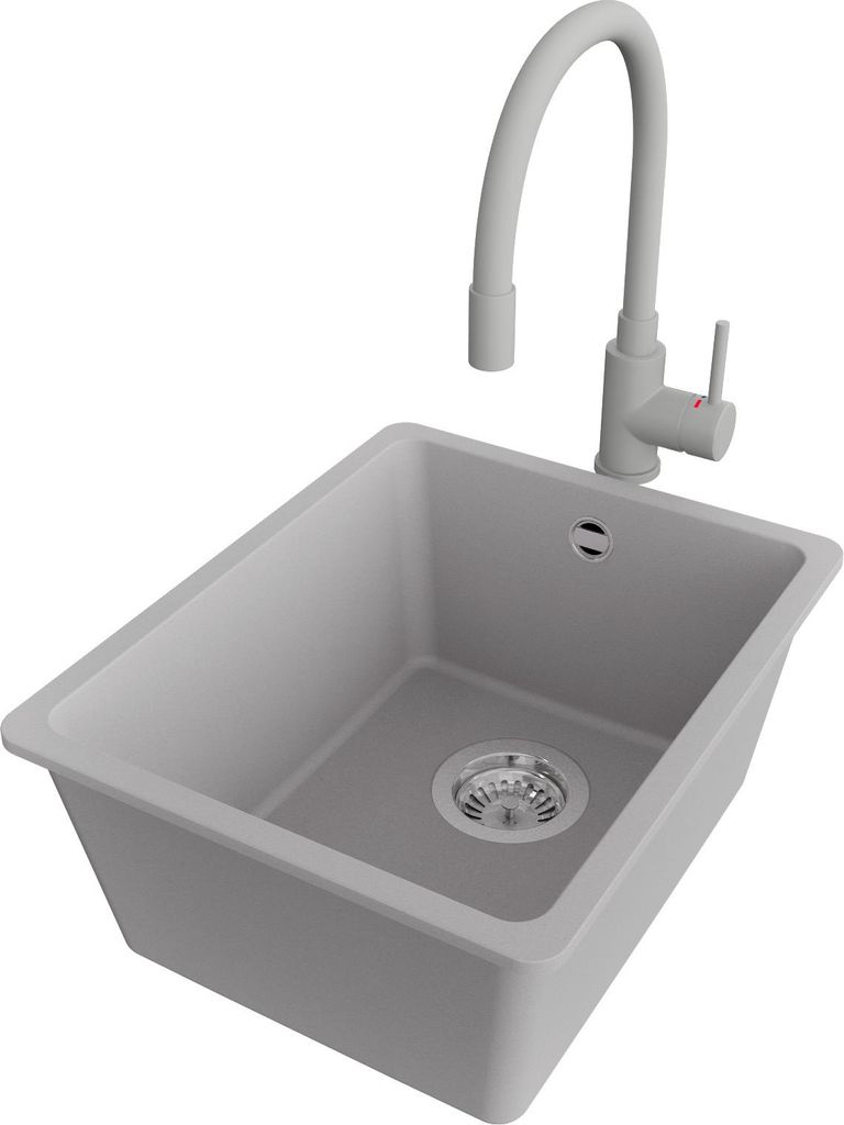 PRIMAGRAN Granitspüle Grau 36x44cm, Spülbecken 1 Becken + Küchenarmatur 38x14cm + Ablauf-Set, Küchenspüle ab 40er Unterschrank - Venedig Slim ...