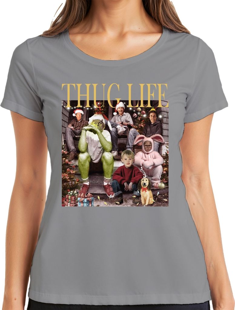 Thug Life Grinch Kevin Allein Zuhause - Weihnachten Christmas Xmas Damen T-Shirt, Grau, L