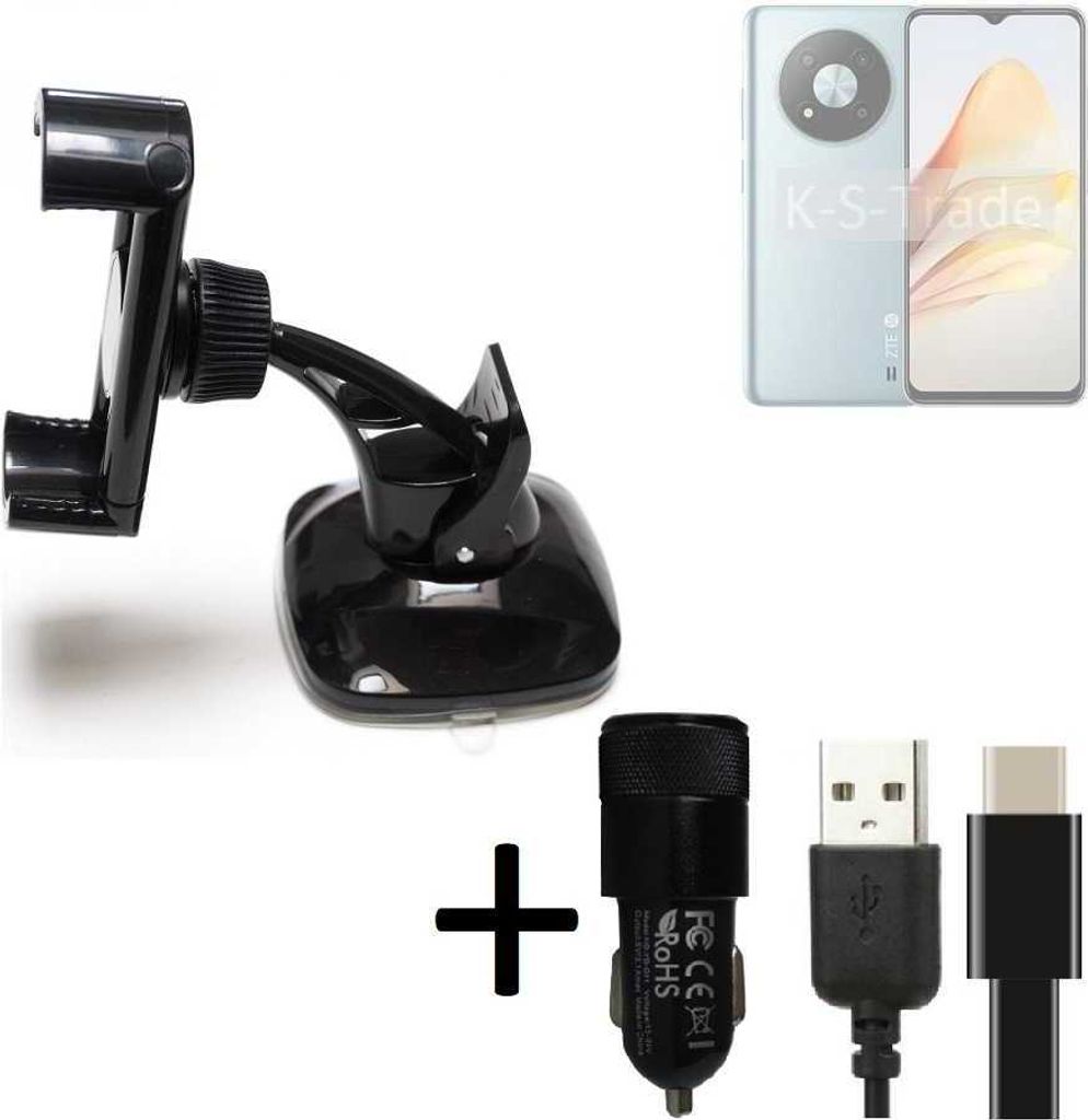K-S-Trade Handy-Halterung kompatibel mit ZTE Voyage 40 5G Windschutzscheibe / Armaturenbrett + LADEGERÄT mit Mico USB Kabel Autohalterung
