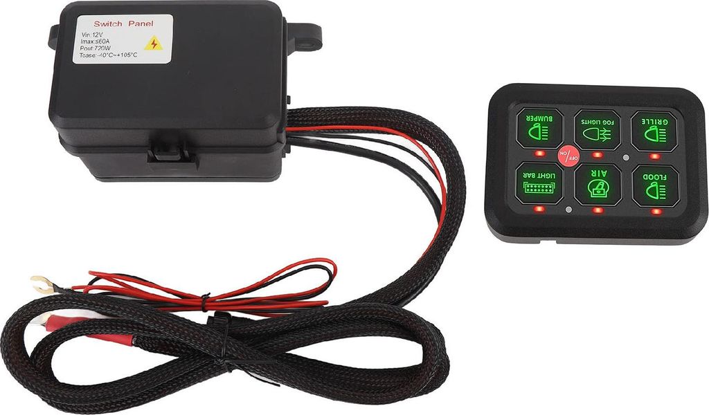 6 Gang 12 V Schalttafel, dimmbar, Aluminiumgehäuse, 720 W, 60 A, LED-Lichtleiste, Stromkreis-Steuerbox für Auto, LKW, Boot, UTV, ATV, Grün