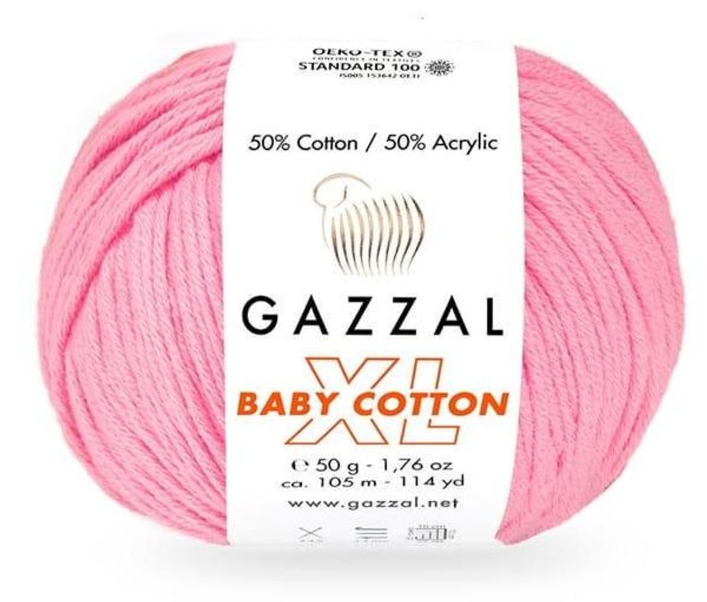 A ball of pink yarn with a label showing product details.