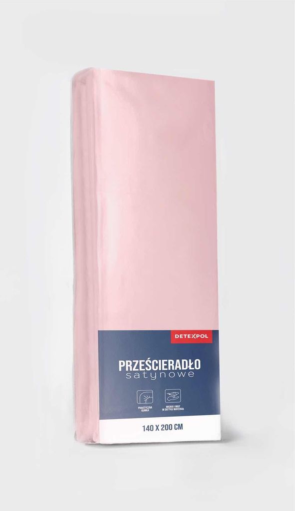 A folded pink satin fitted sheet is presented against a plain white background.