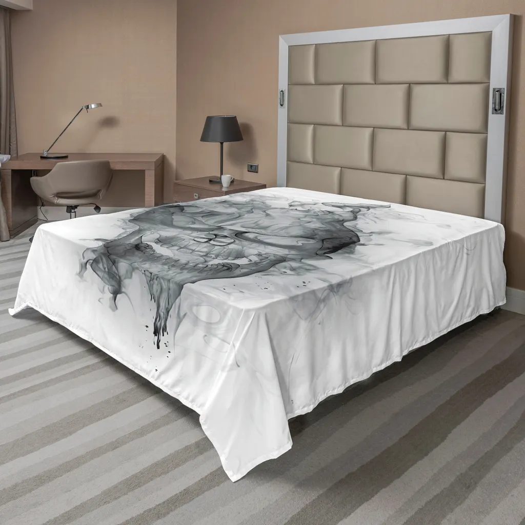 Drap plat ABAKUHAUS Motif Crâne Smokey Grungy 260x228 cm Gris Blanc