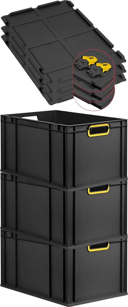 SuperSparSet 3x Eurobox NextGen Color mit Scharnierdeckel und Schiebeschnappverschlüssen | HxBxT 32x40x60cm | 65 Liter | Schwarz | Griffe gelb off...