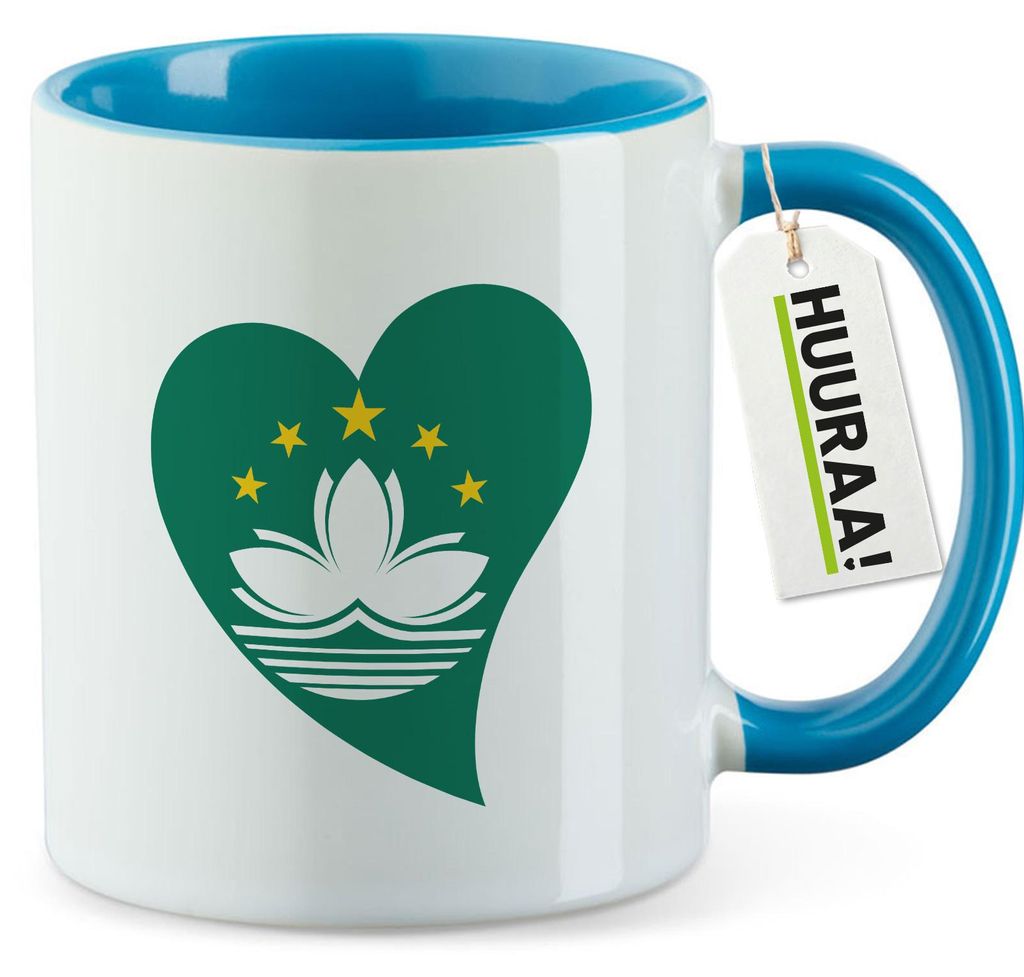 Huuraa Kaffeetasse Macau Flagge Herz 330ml Blau Keramik Kaffeebecher Geschenkidee