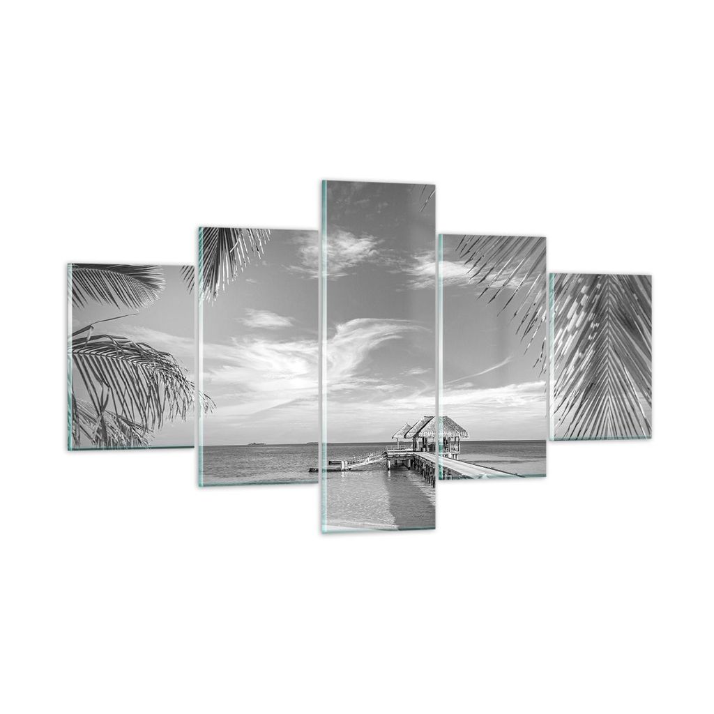 Bilder auf glas - 5 Teile - Himmlisch Strand Monochrom - 125x70cm - Glasbilder - Wandbilder - Bilder - zum Aufhängen bereit - Wanddekoration aus G...