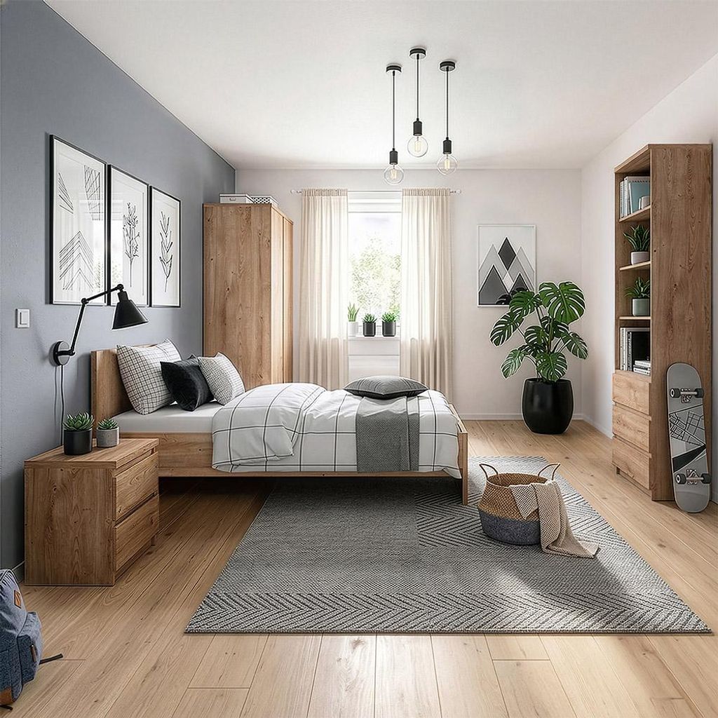 Jugendzimmer-Set mit Bett 90x200 cm & Kleiderschrank in Eiche, modern, 4-teilig - FORTALEZA-129