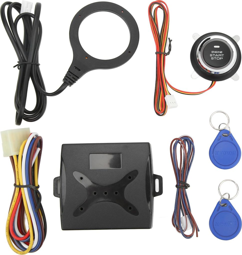 A collection of car engine start stop system components laid out on a white background.