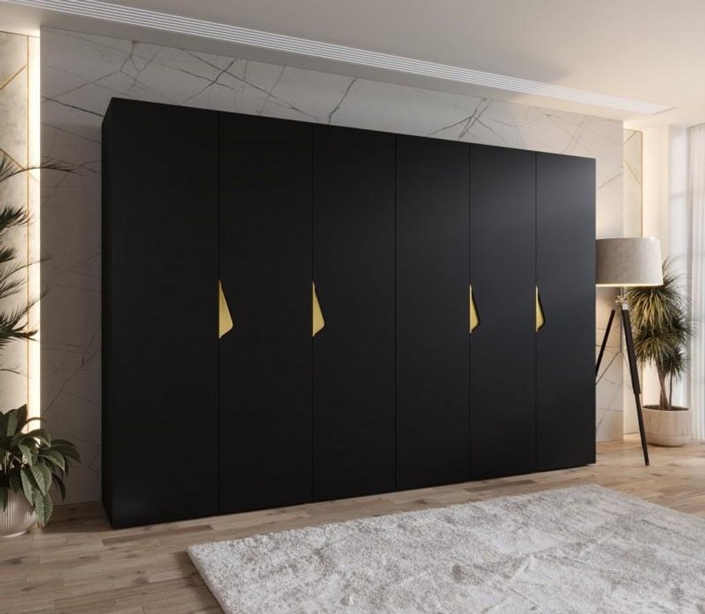 Eleganter Kleiderschrank 300 cm AMARIS 1 - schwarz / goldene Griffe