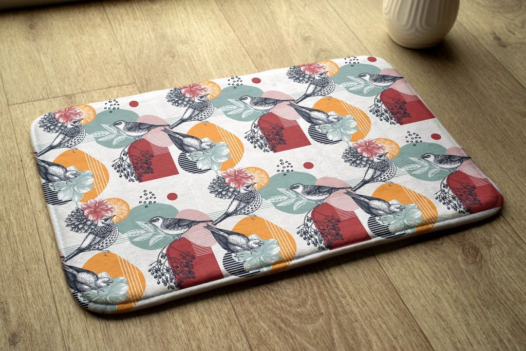 Badteppich Saugfähige - Badezimmer Teppich - Rutschfester Badvorleger Badematte - 75x45 cm - Vögel Blumen Muster